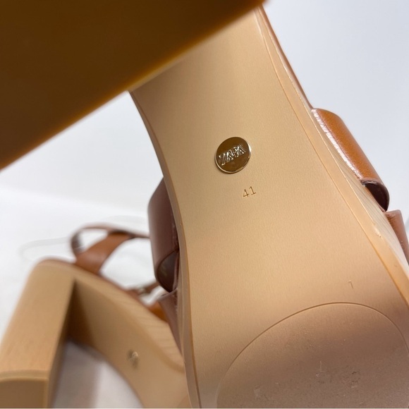 NEW Zara Leather Platform retro chunky Strappy Wooden Heeled Sandals Size 41 - Picture 9 of 10